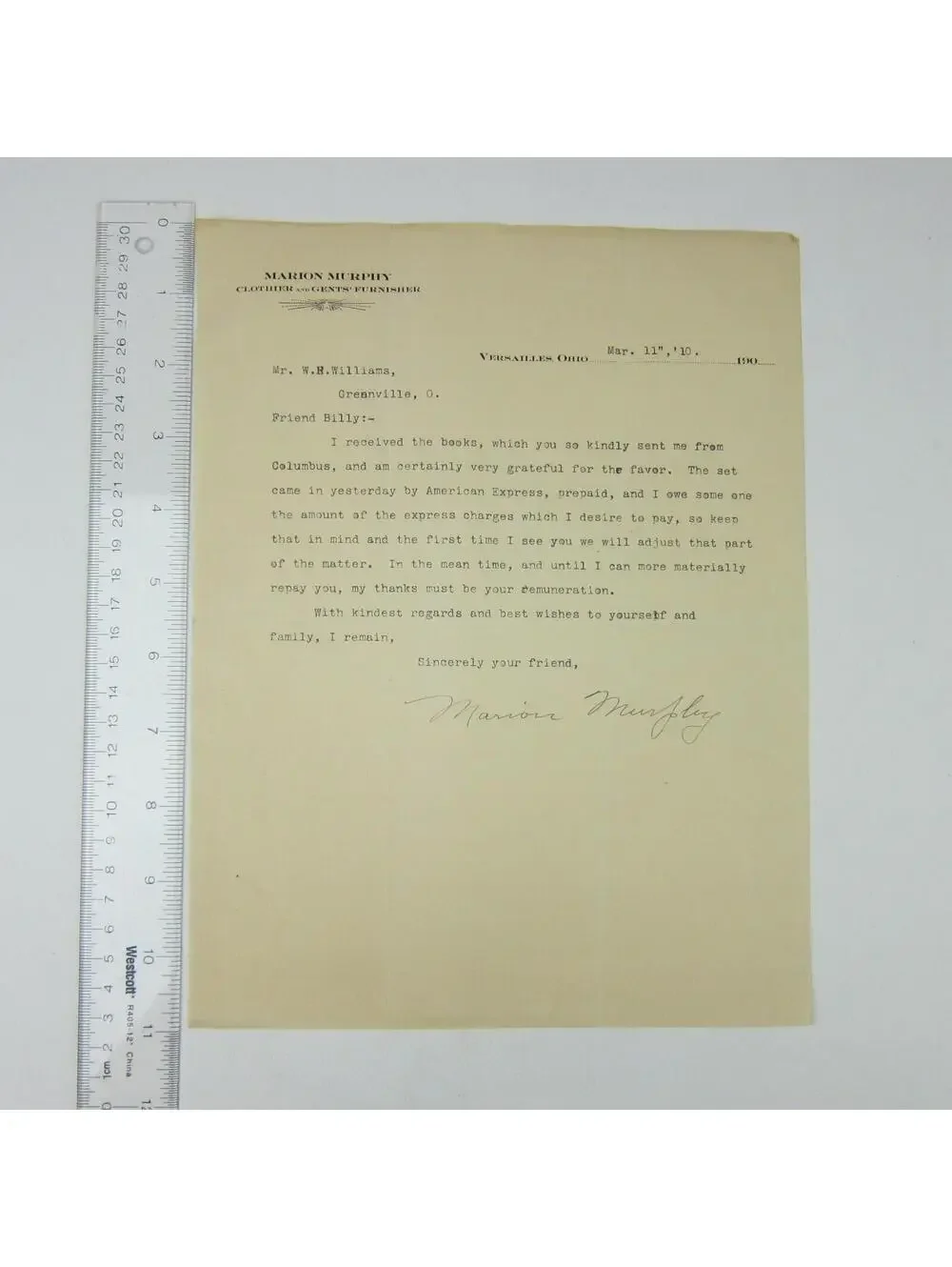 Letterhead Marion Murphy Clothier Versailles Ohio to W.H. Williams Antique 1910